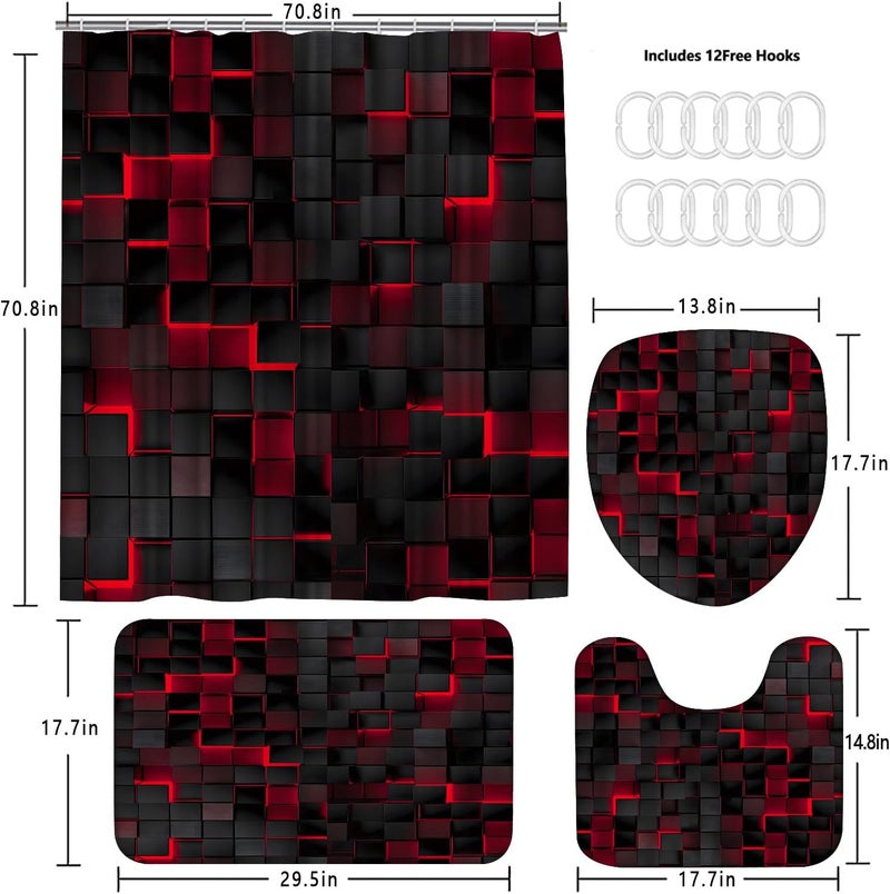 LQCOOL 4Pcs Shower Curtain Set Black 3D Cubes Shower Curtain Set Modern Bathroom Sets with Shower Curtain and Rugs Red Shower Curtain with 12 Hooks - Image 3